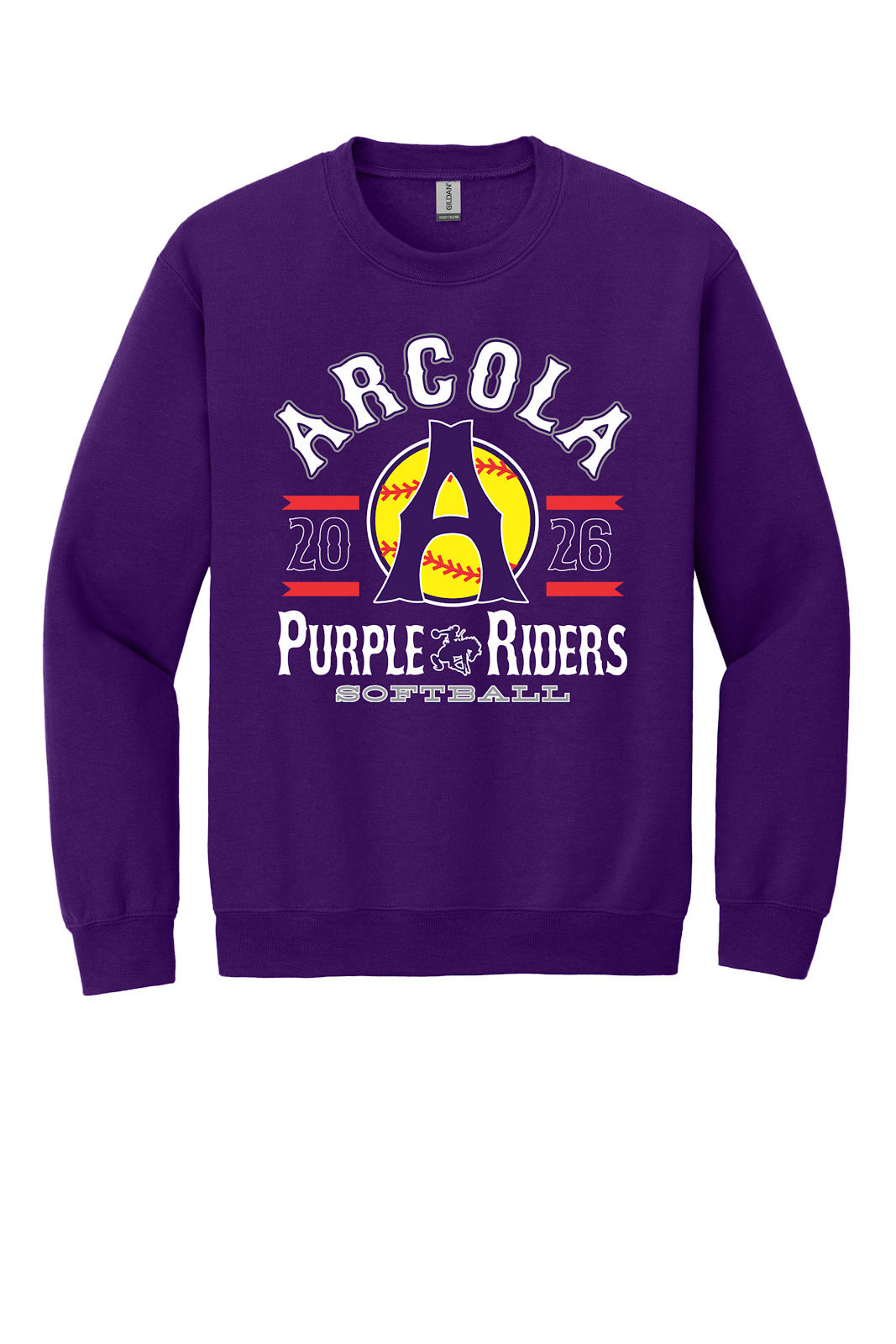 Arcola Purple Riders - Softball - Design 04 - Crewneck Sweatshirt - Gildan 18000 - Purple - Flat Front