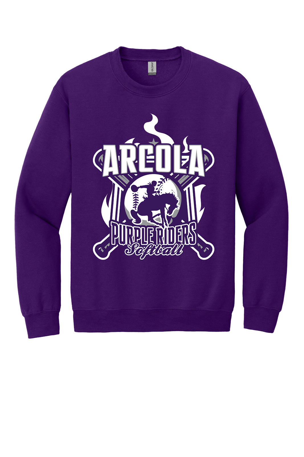 Arcola Purple Riders - Softball - Design 05 - Crewneck Sweatshirt - Gildan 18000 - Purple - Flat Front