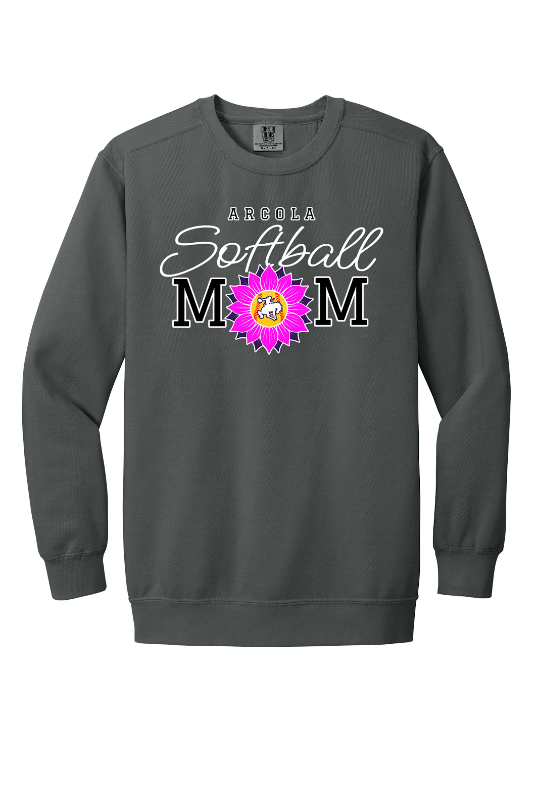 Arcola Purple Riders - Softball - Design 02 - Crewneck Sweatshirt - Comfort Colors 1566 - Pepper - Flat Front