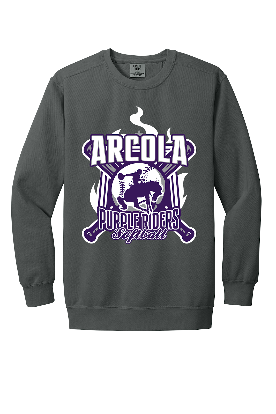 Arcola Purple Riders - Softball - Design 05 - Crewneck Sweatshirt - Comfort Colors 1566 - Pepper - Flat Front