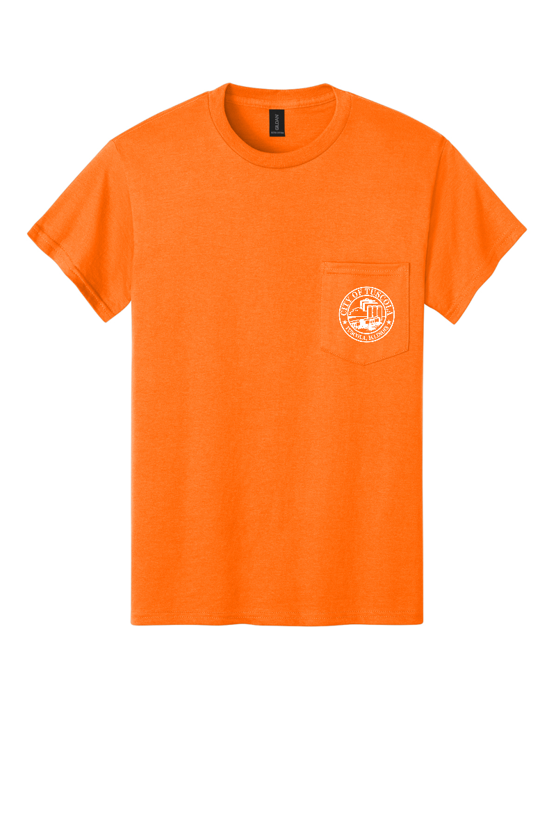 Tuscola Public Works Ultra Cotton Pocket Tee 2300 - front, city seal left chest